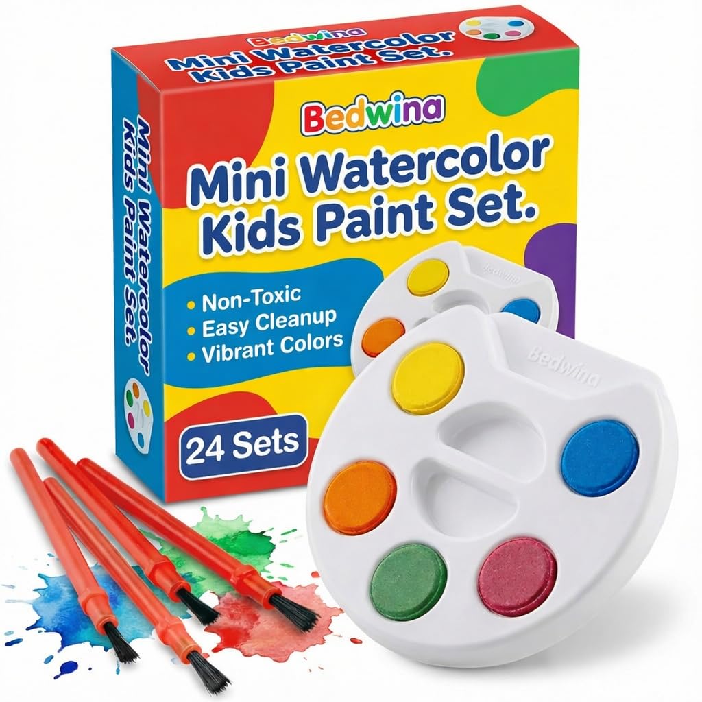 Bedwina mini watercolor 24-pack sets for classroom crafts and party favors.