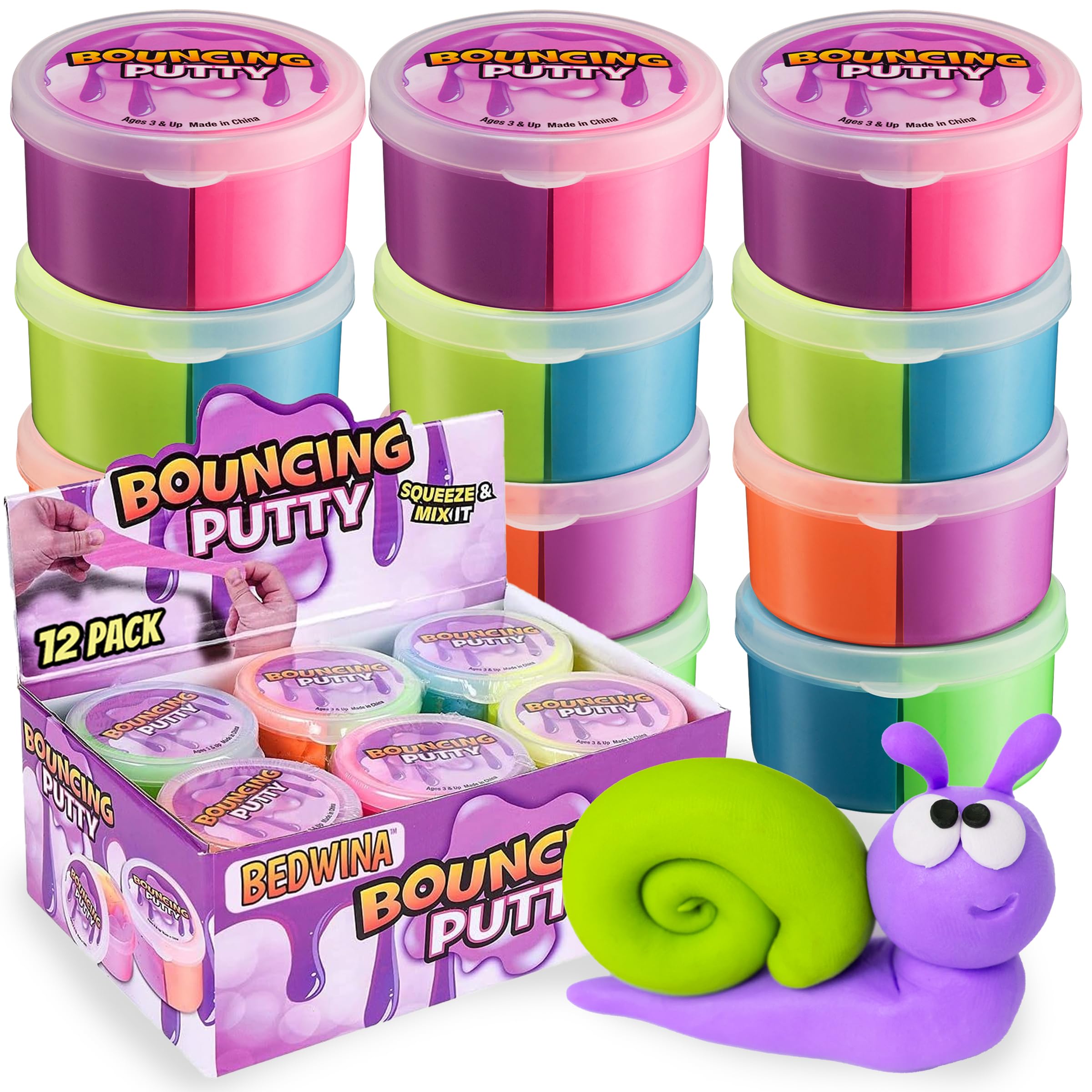 Bedwina neon bouncing putty 12-pack, front view, vibrant colors for creative play.