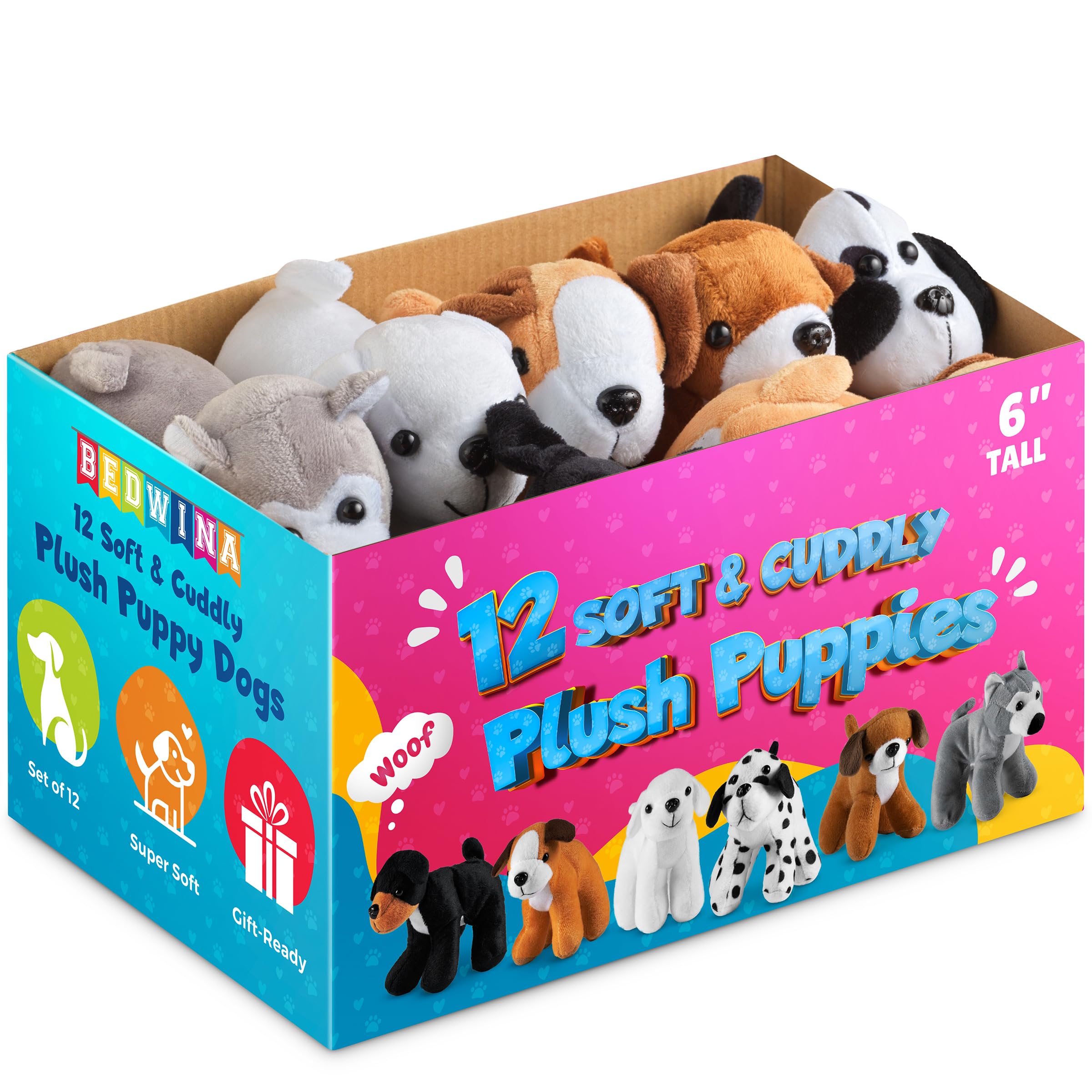 Bedwina plush puppy dogs, 12-pack, six-inch, varied styles for versatile play.
