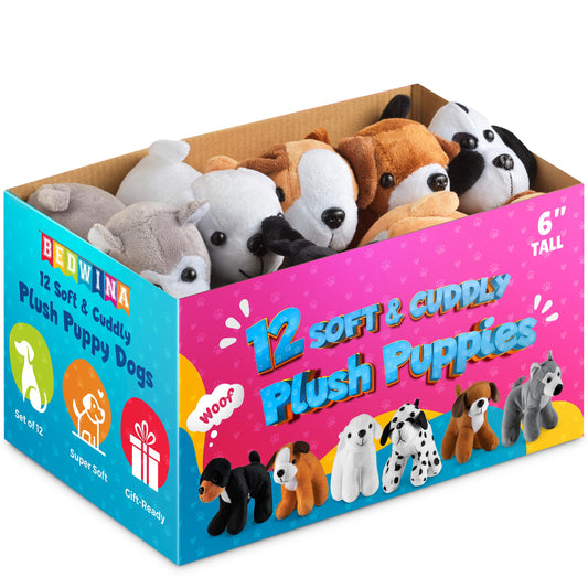 Bedwina plush puppy dogs, 12-pack, six-inch, varied styles for versatile play.
