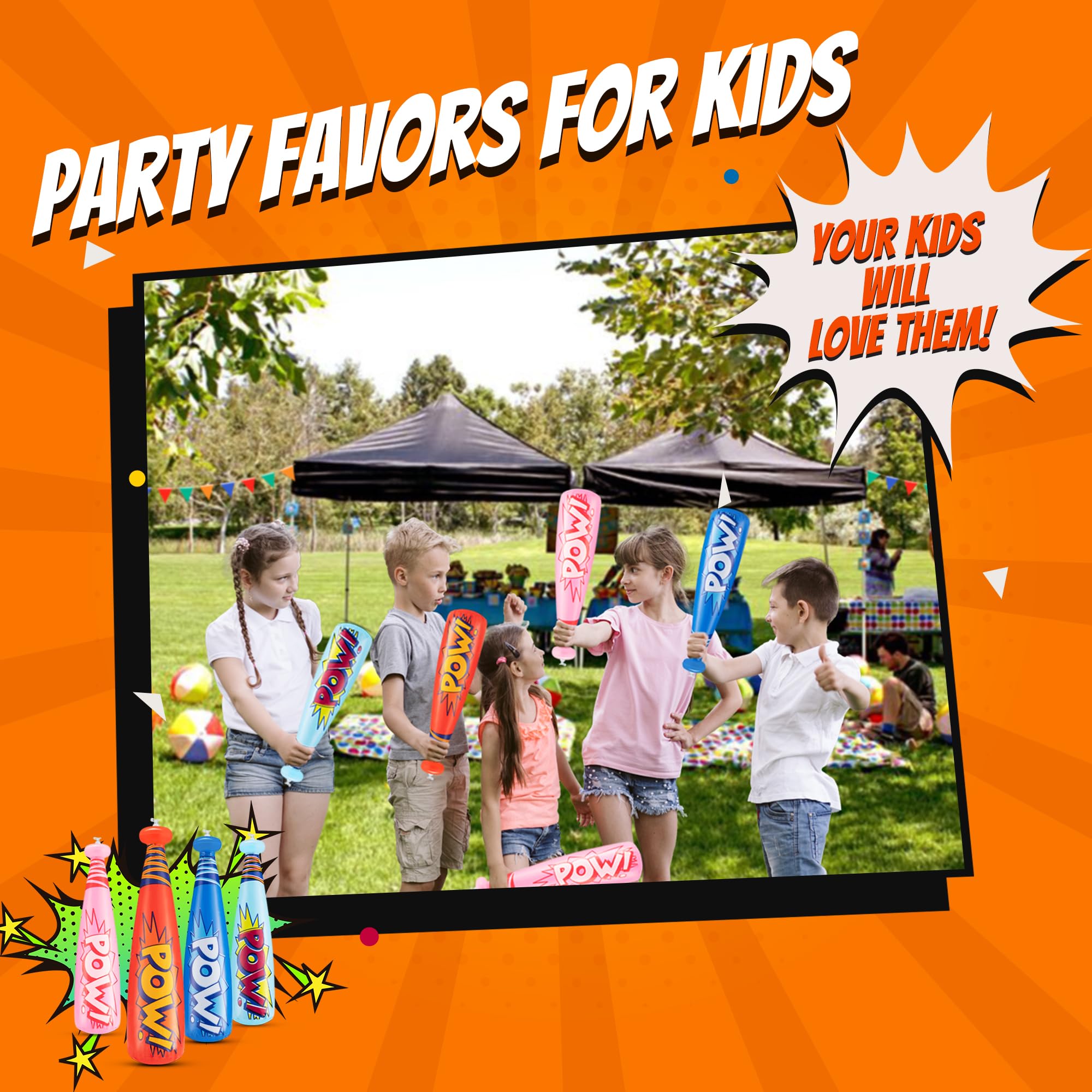 Bedwina Pow inflatable baseball bat used as a memorable party favor.