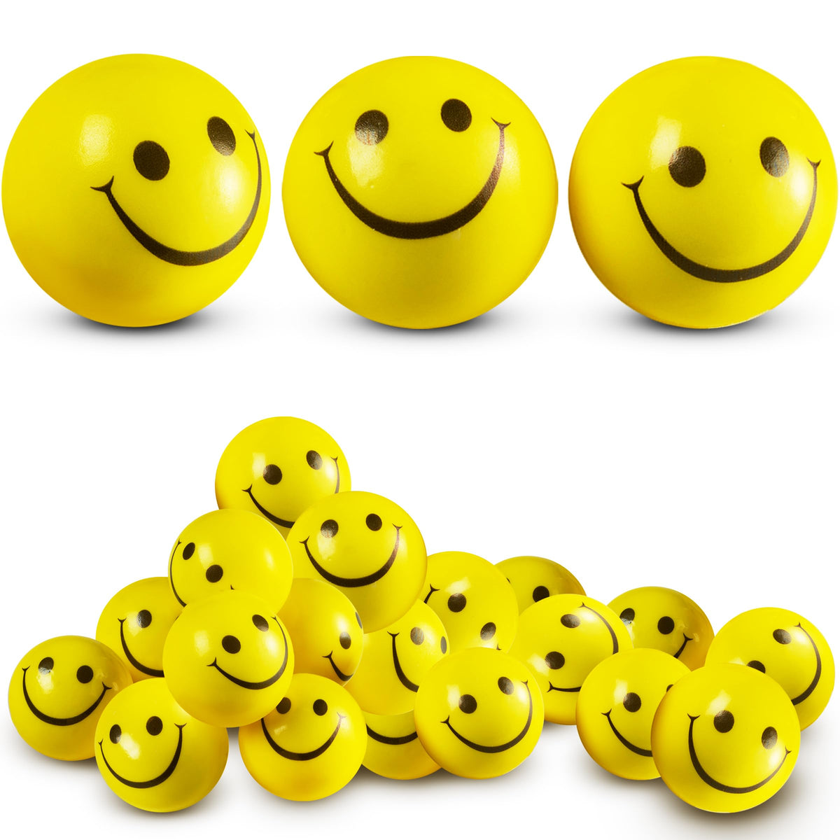 Bedwina Smile Face Stress Ball close-up, yellow foam for quick stress relief and tactile fun