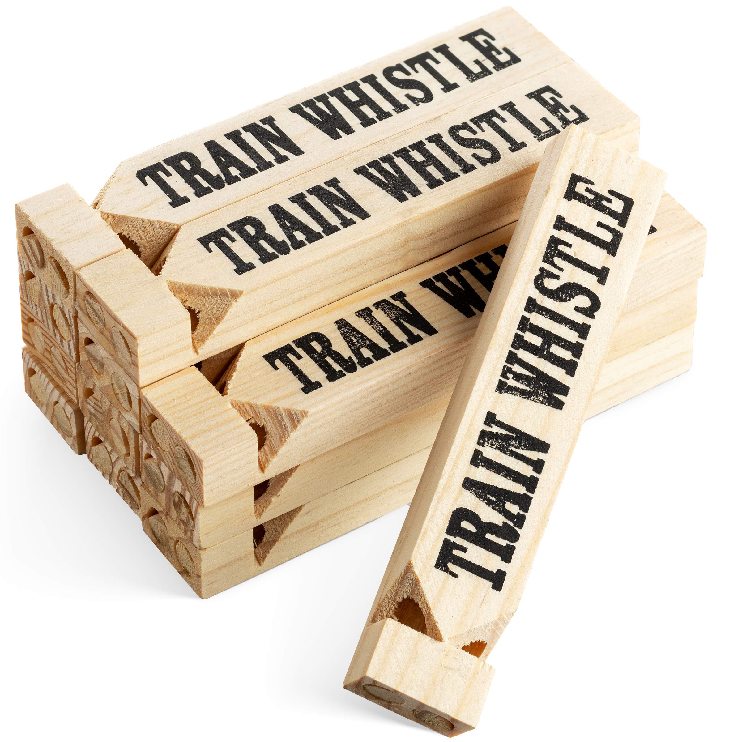 Bedwina wooden train whistle 12-pack shown as party favors for kids' train-themed celebrations.