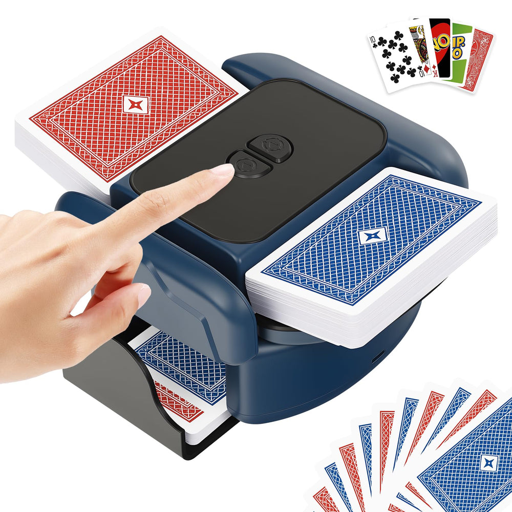 BEE&FLOWER card shuffler in blue-black with automatic operation for smooth deck mixing