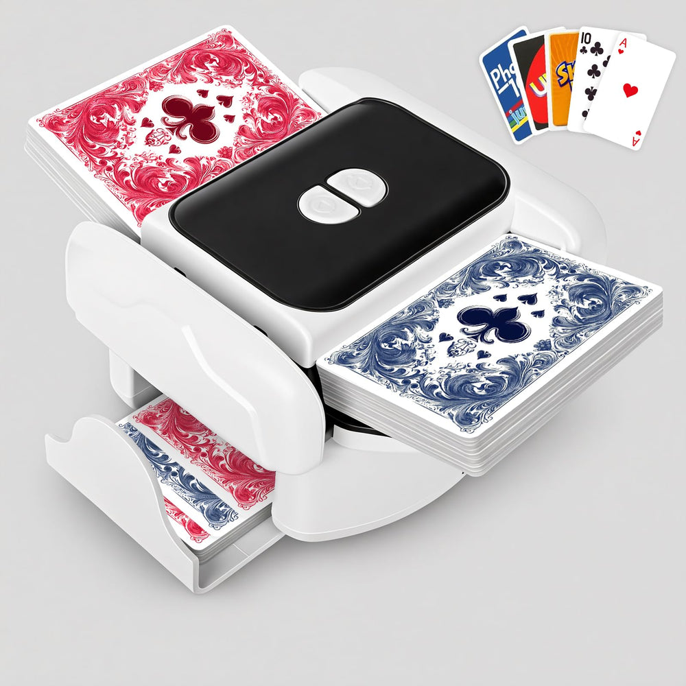 Bee and Flower Card Shuffler front view with pull-out drawer for fast, tidy dealing.