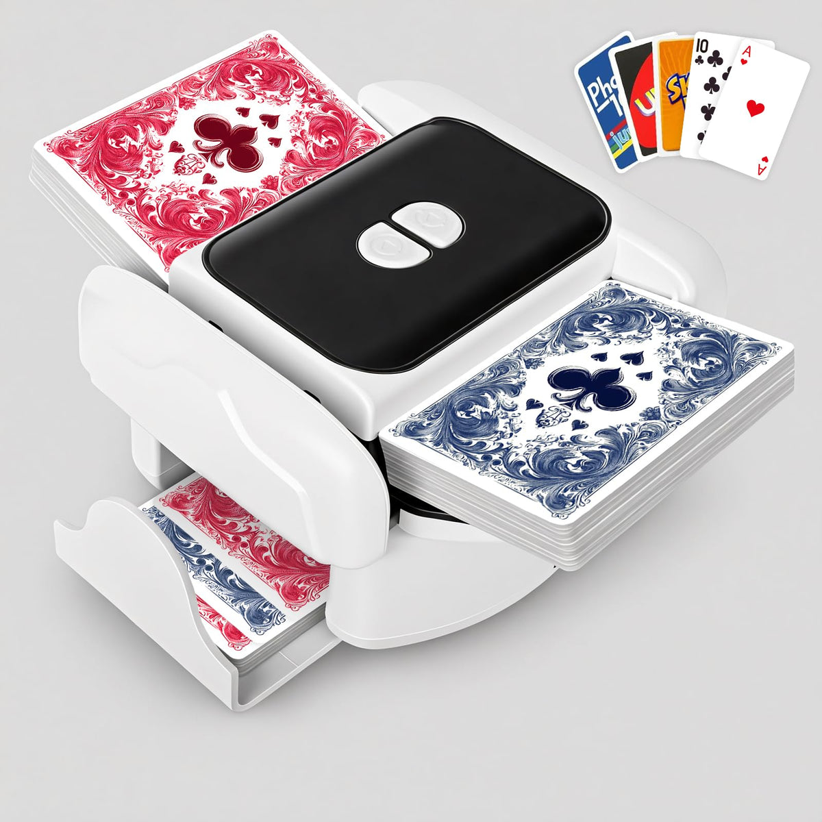 Bee and Flower Card Shuffler front view with pull-out drawer for fast, tidy dealing.