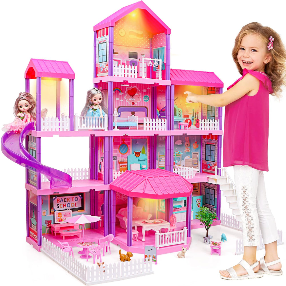 Beefunni doll house exterior view showcasing a four-story, imaginative play setting.