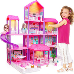 Beefunni doll house exterior view showcasing a four-story, imaginative play setting.
