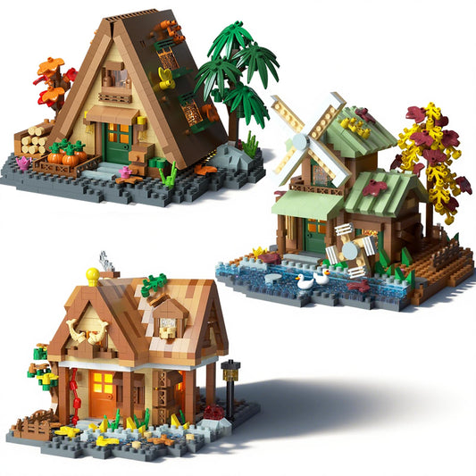 Beego 3 Mini Wooden Cabins windmill roof: playful centerpiece for desks and shelves.