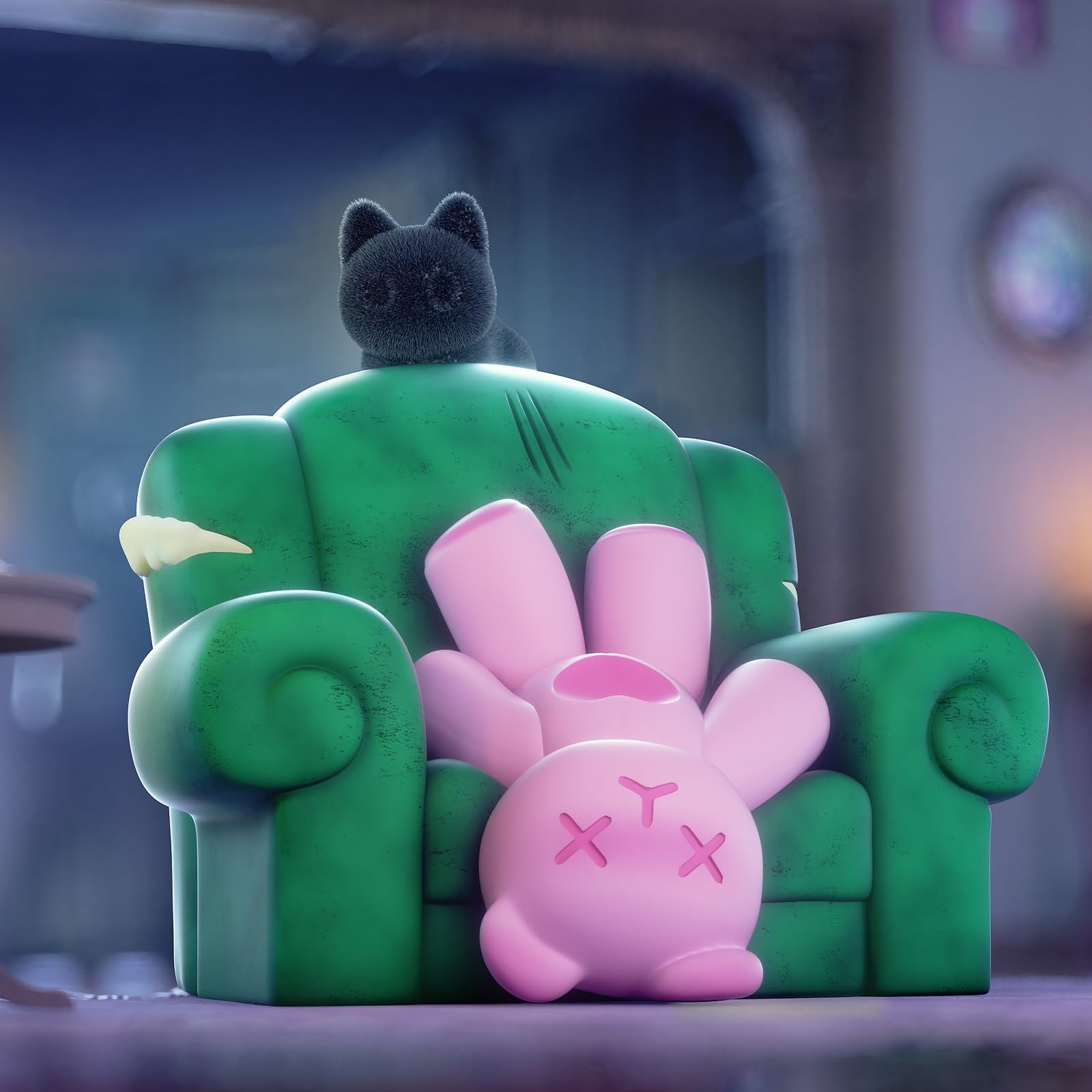 BEEMAI Ghost Bear House figure on a coffee table, a cute collectible.