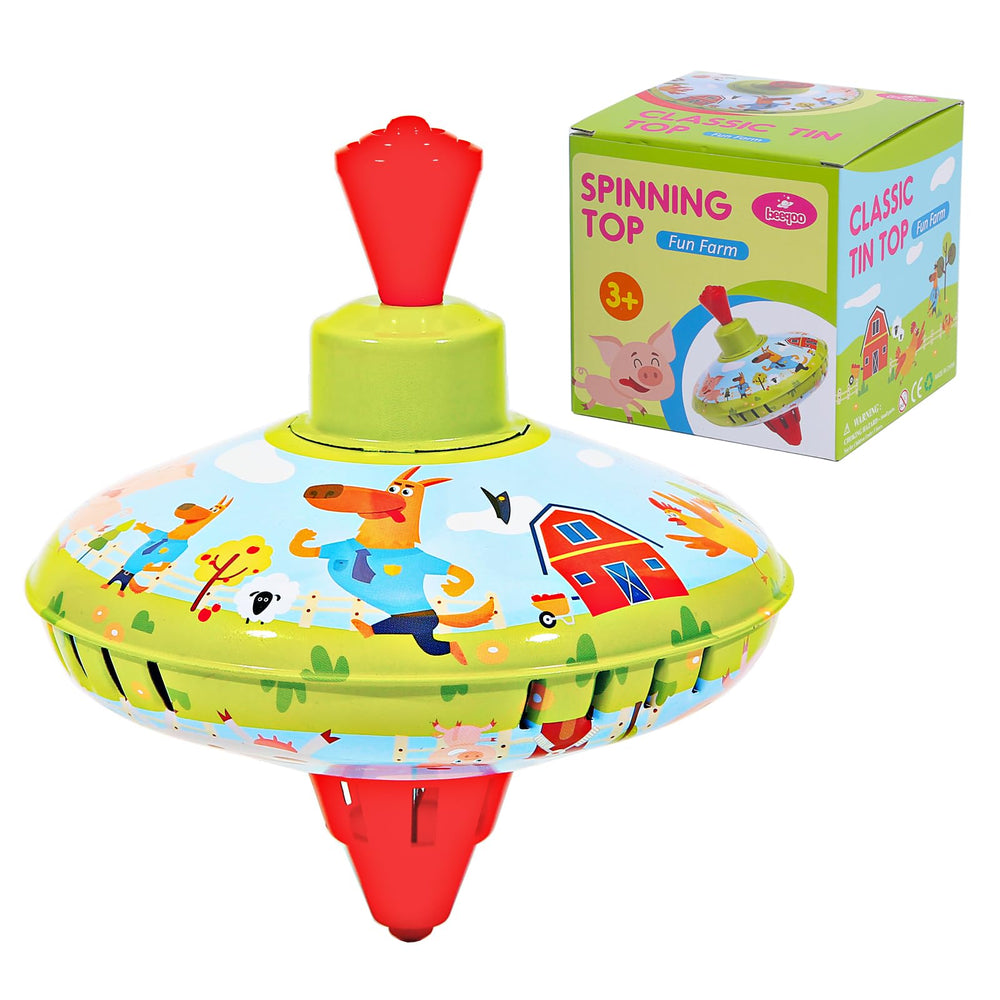 Beeqoo Fun Farm spinning top with metal body for balanced spins and durability