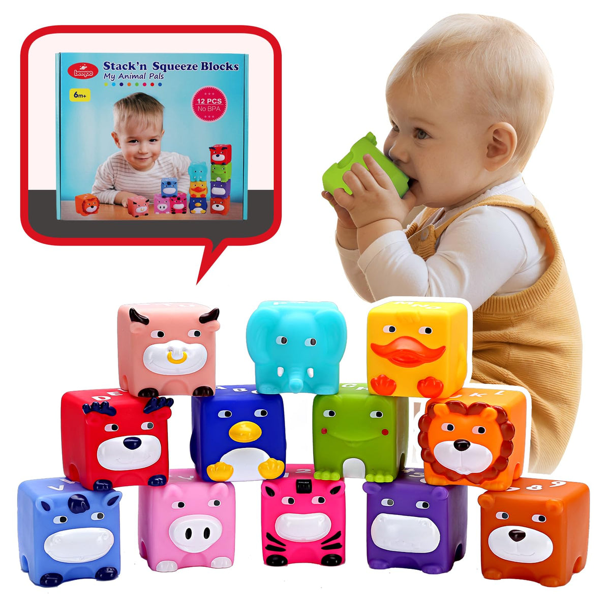 Beeqoo Soft Baby Blocks: colorful animal cubes for engaging stacking play and learning.