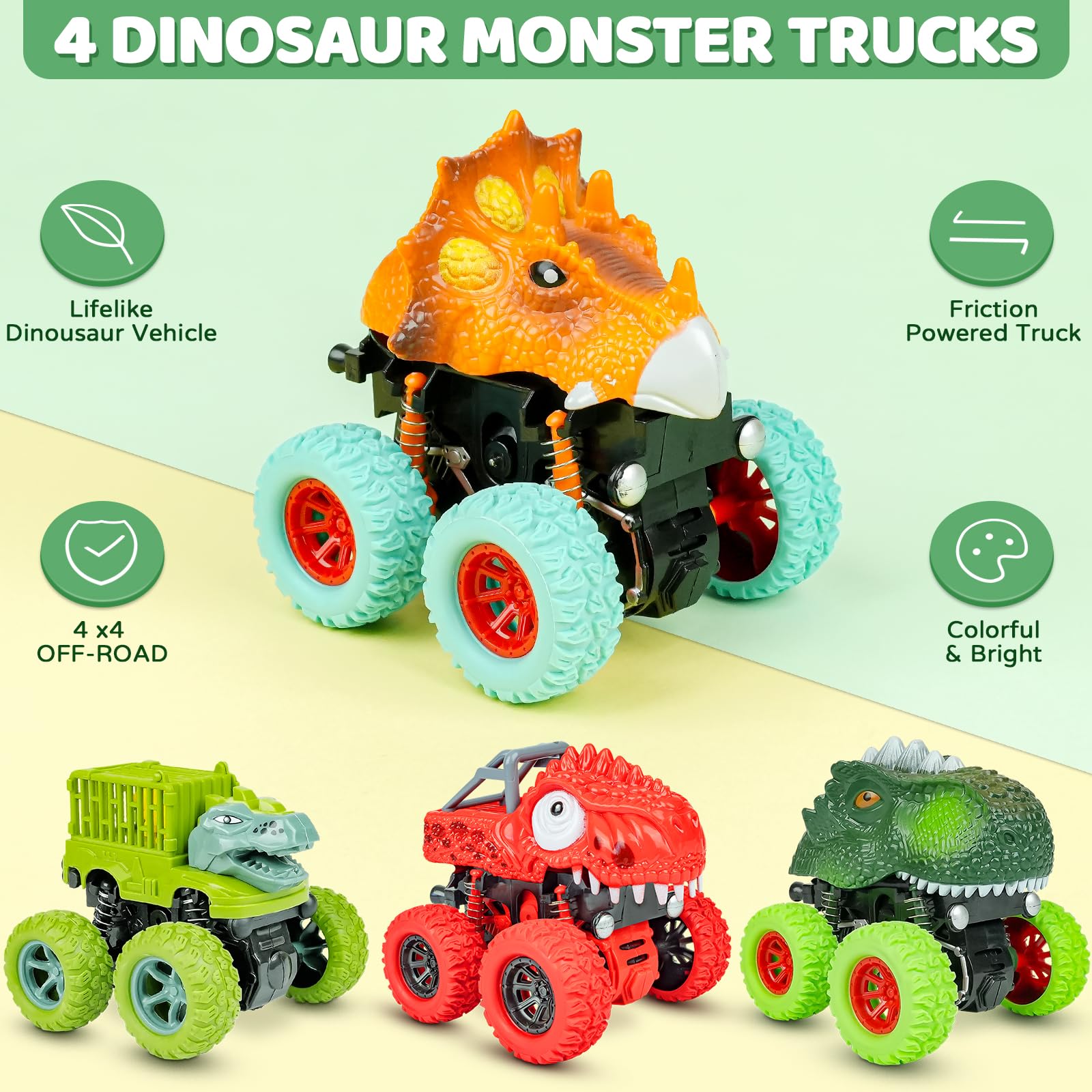 Beestech friction-powered dino car shown for kids, no batteries needed.