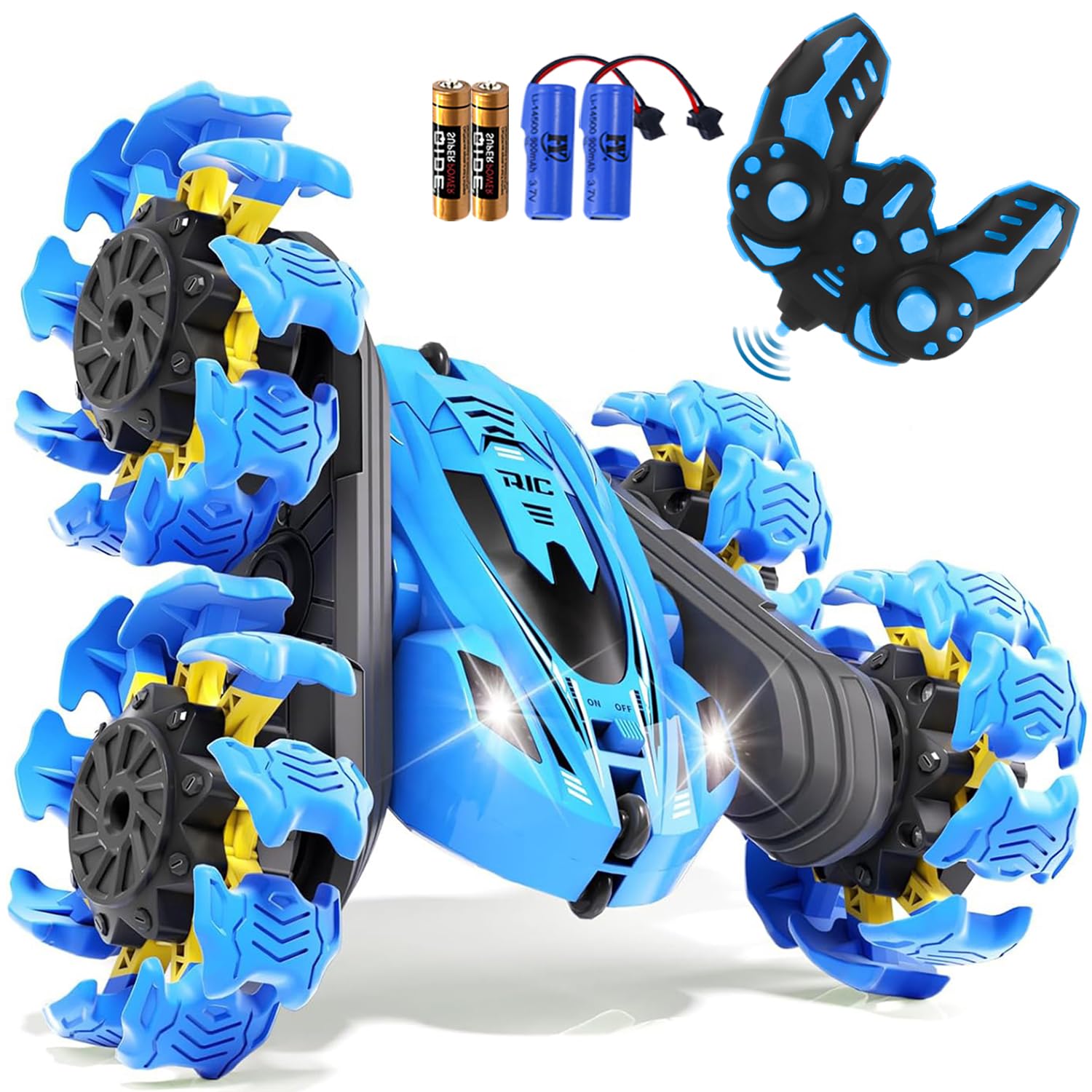 Beetivity remote control car blue front view enables kid-friendly stunt play indoors or outdoors.