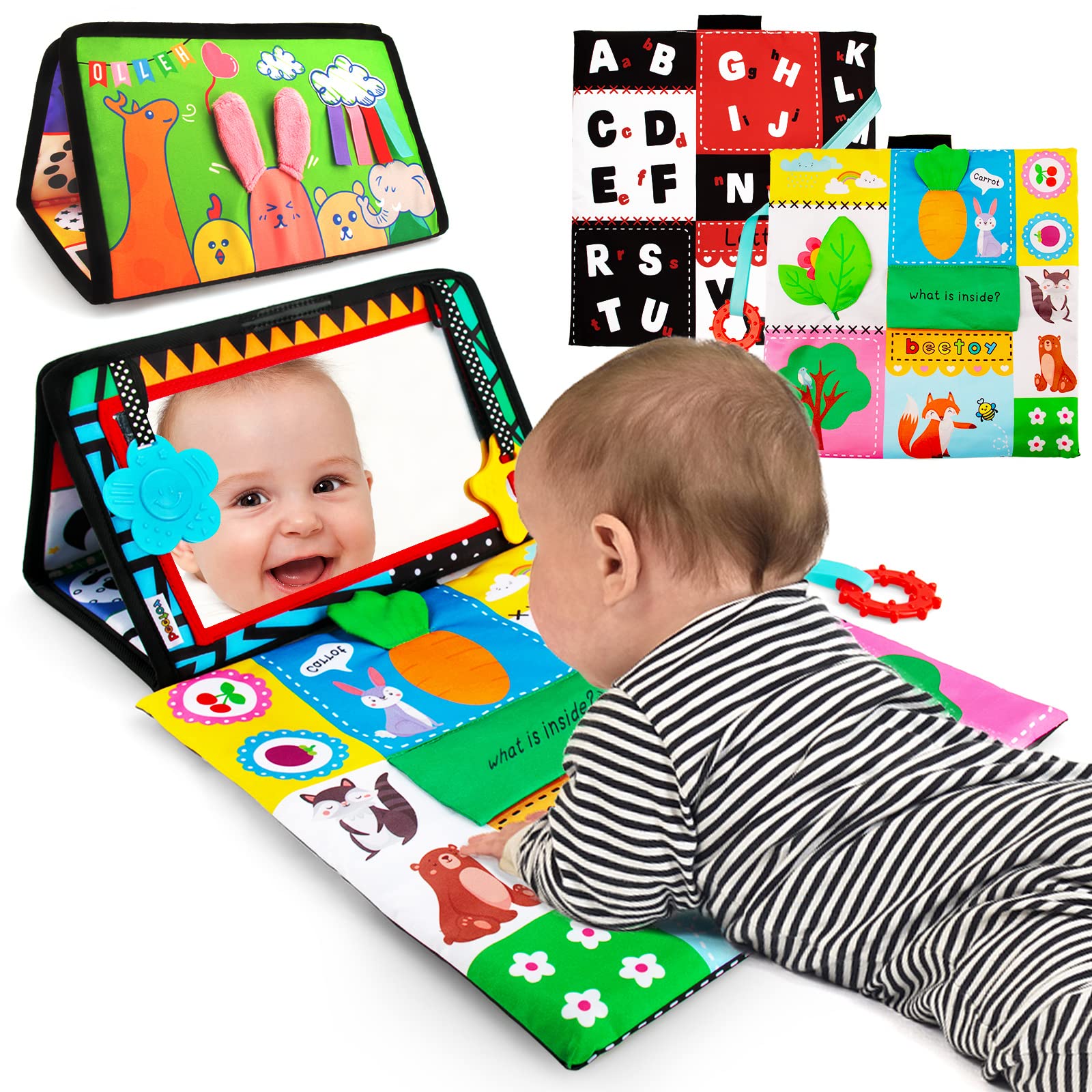 Beetoy tummy time mirror with black and white pattern to attract newborn gaze during floor play.