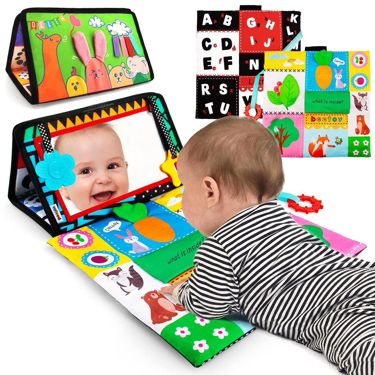 Beetoy tummy time mirror with black and white pattern to attract newborn gaze during floor play.
