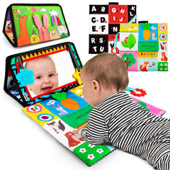 Beetoy tummy time mirror with black and white pattern to attract newborn gaze during floor play.