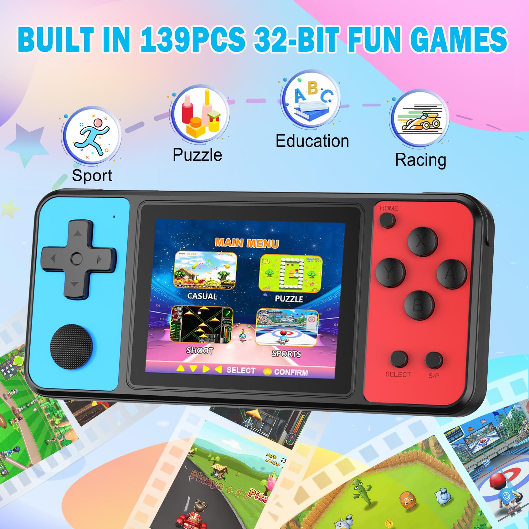 Beico handheld menu with 139 preloaded games for varied play