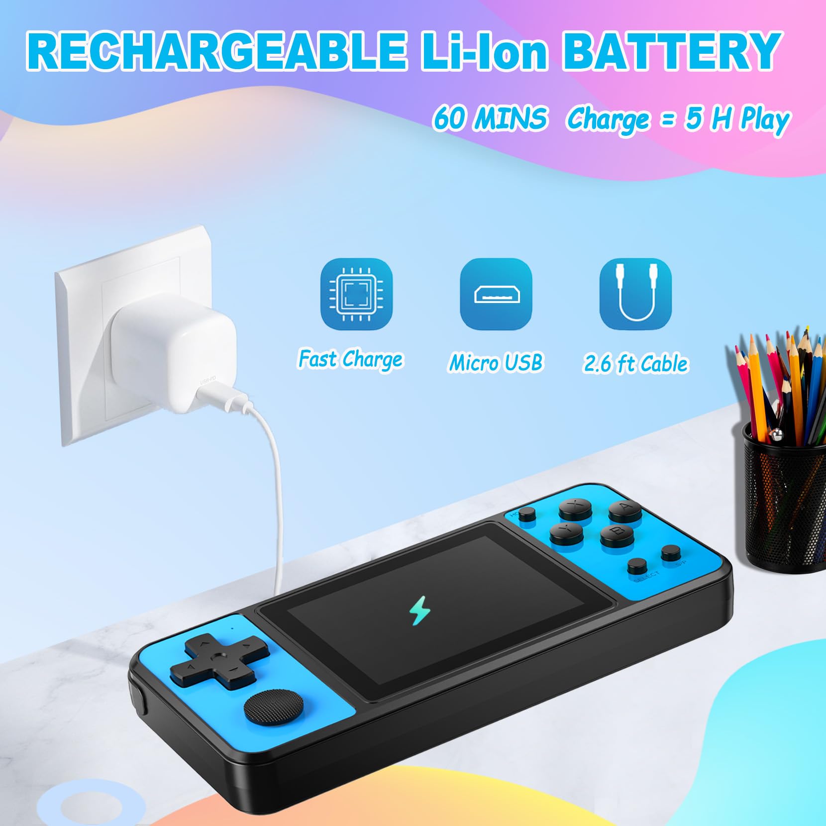 Beico 32-bit kids handheld blue shell option for vibrant play.