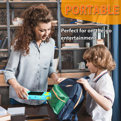 Beico handheld arcade in travel setting demonstrates portable, easy-to-use design