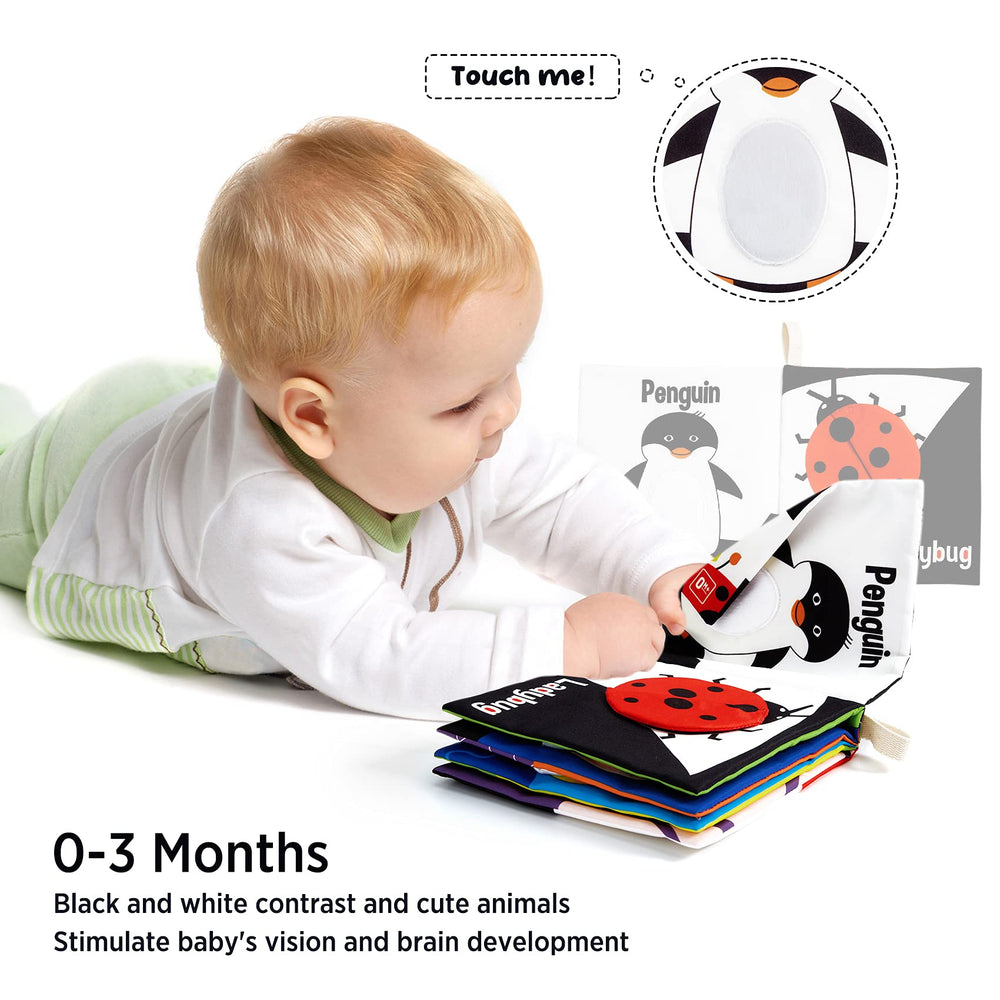 Beiens soft book features animal illustrations to aid cognitive recognition and visual tracking.