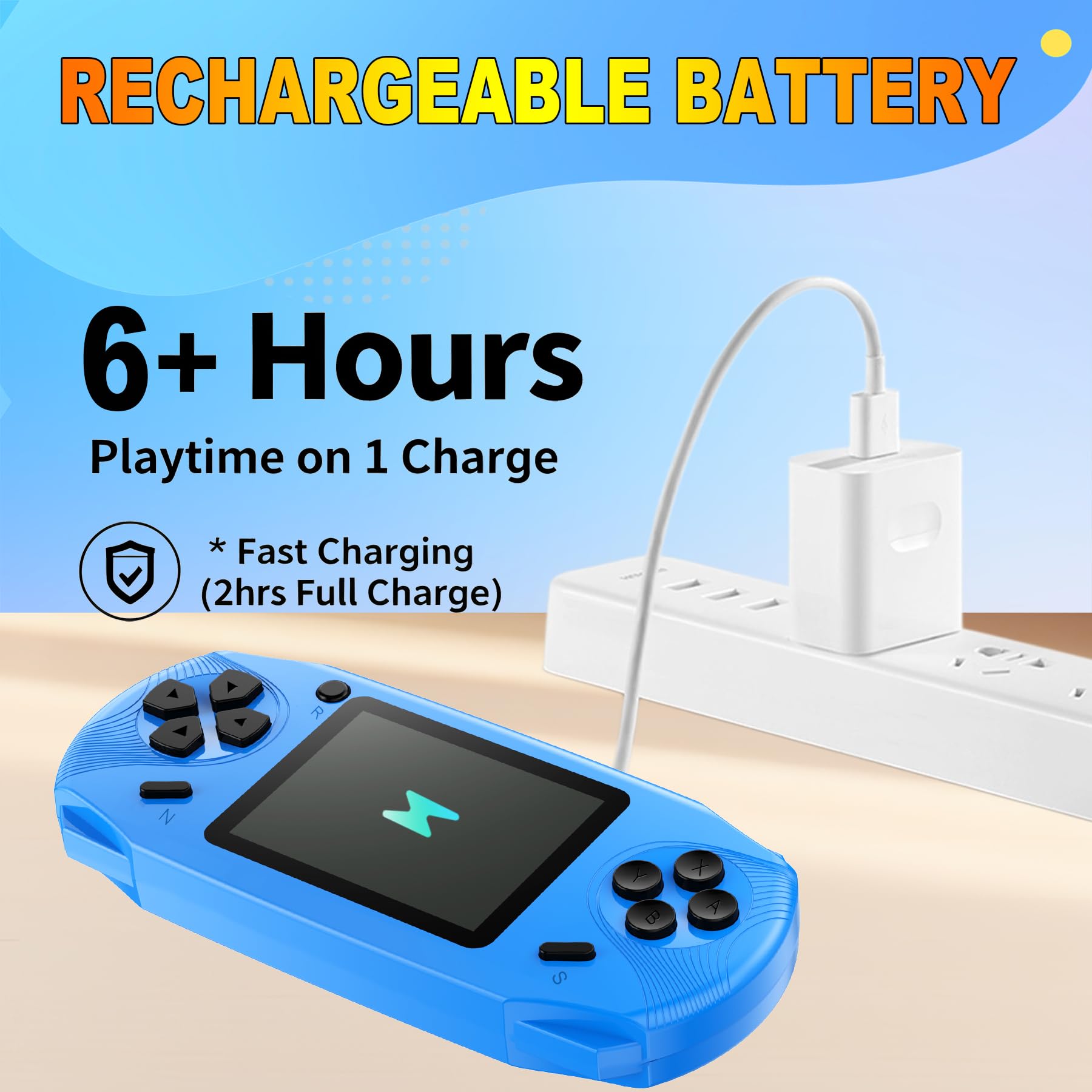 Rechargeable battery icon showing USB charging for long play sessions
