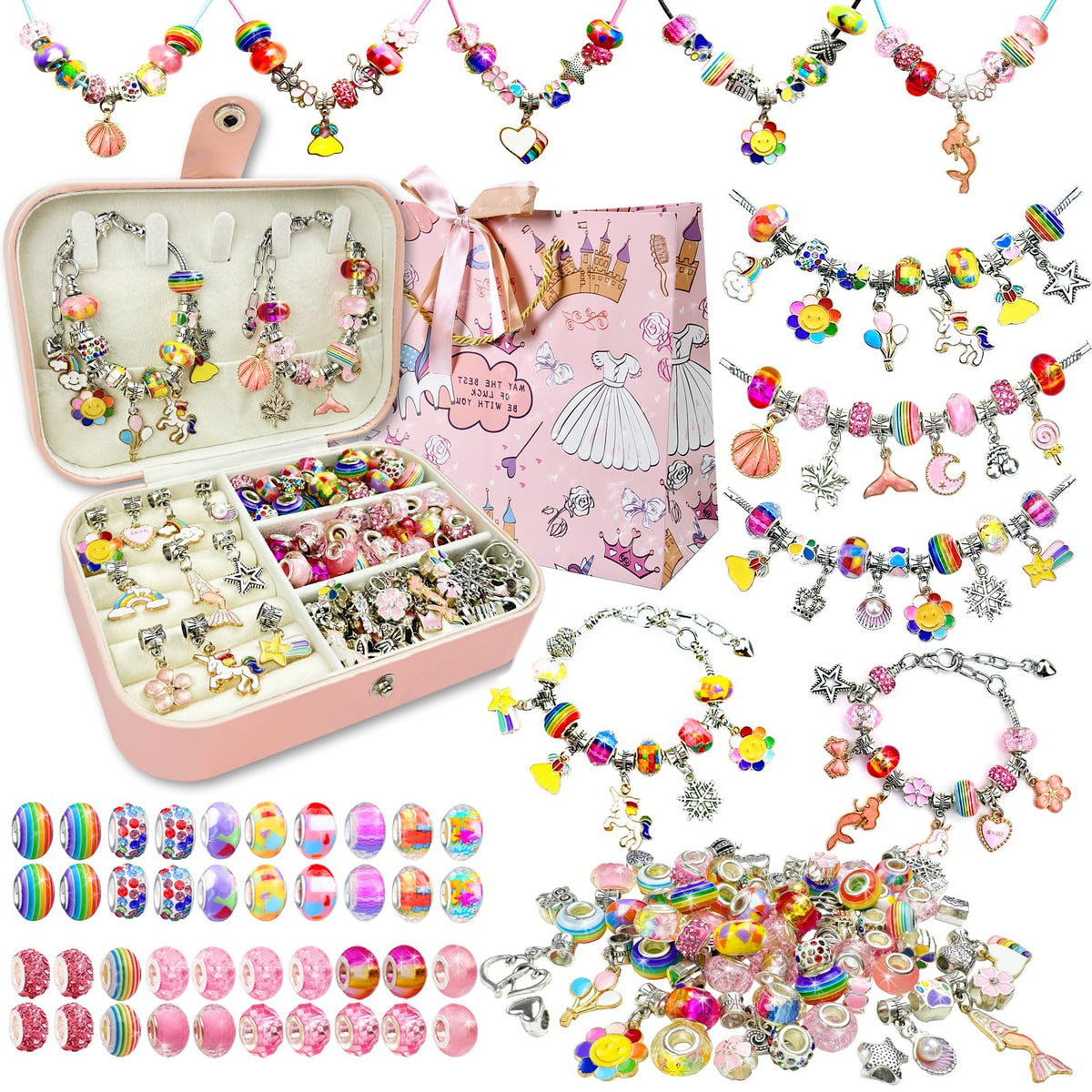 BEIKEETOO Charm Bracelet Kit box with organized beads for easy crafting.