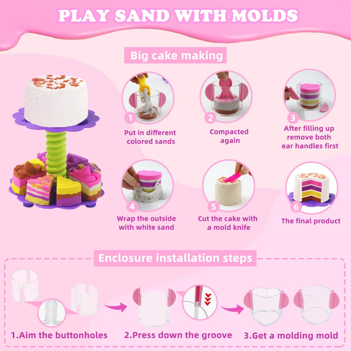 BEIREG Bakery Sensory Sand Kit includes heart and round cake molds for layered designs