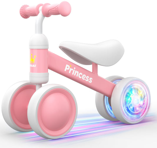 Bekilole balance bike with LED wheels lights up as she scoots for outdoor play.