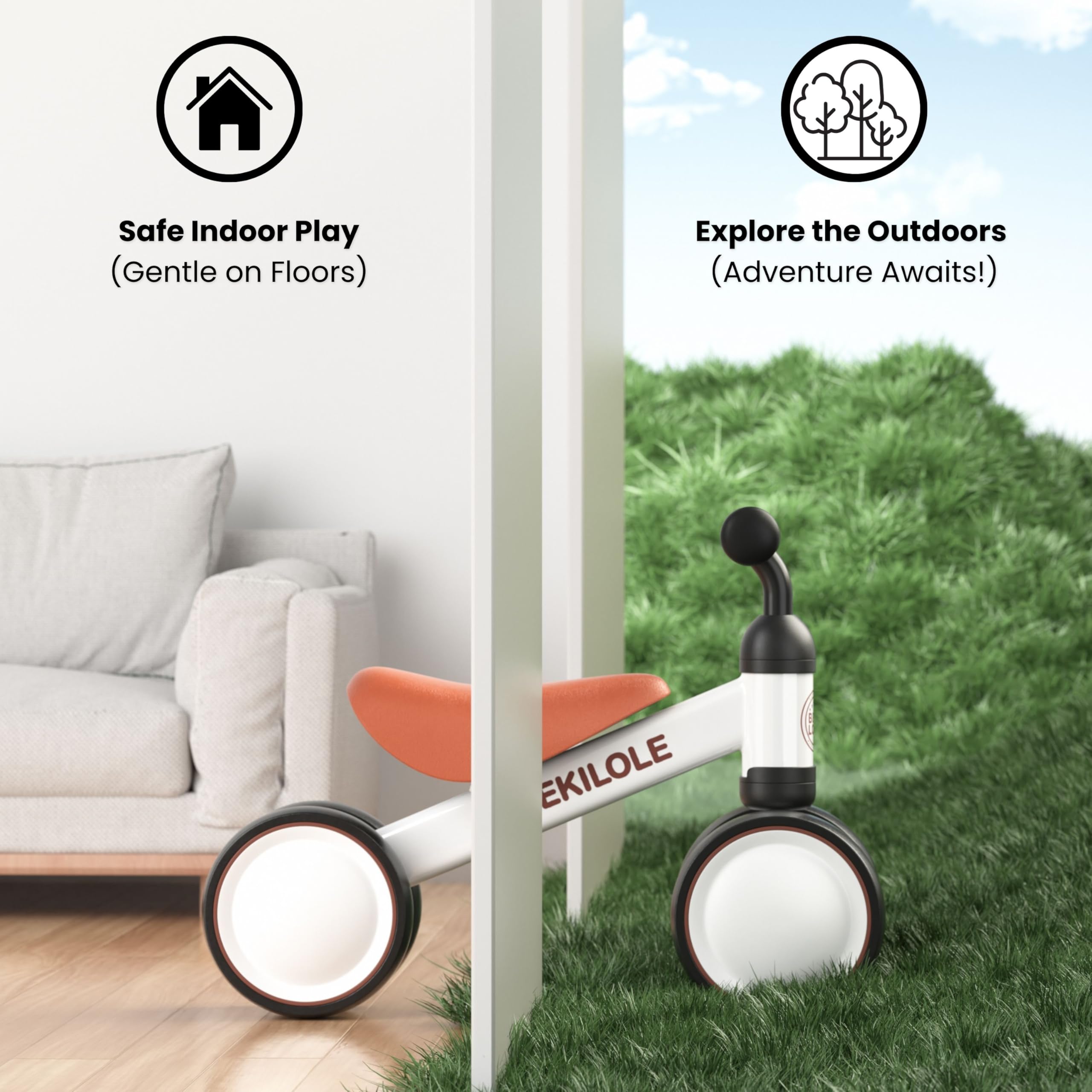 Bekilole balance bike uses soft EVA wheels for quiet indoor glide.