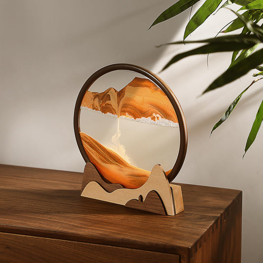 BelaRola moving sand art glass frame closeup shows flowing layers for calm focus.