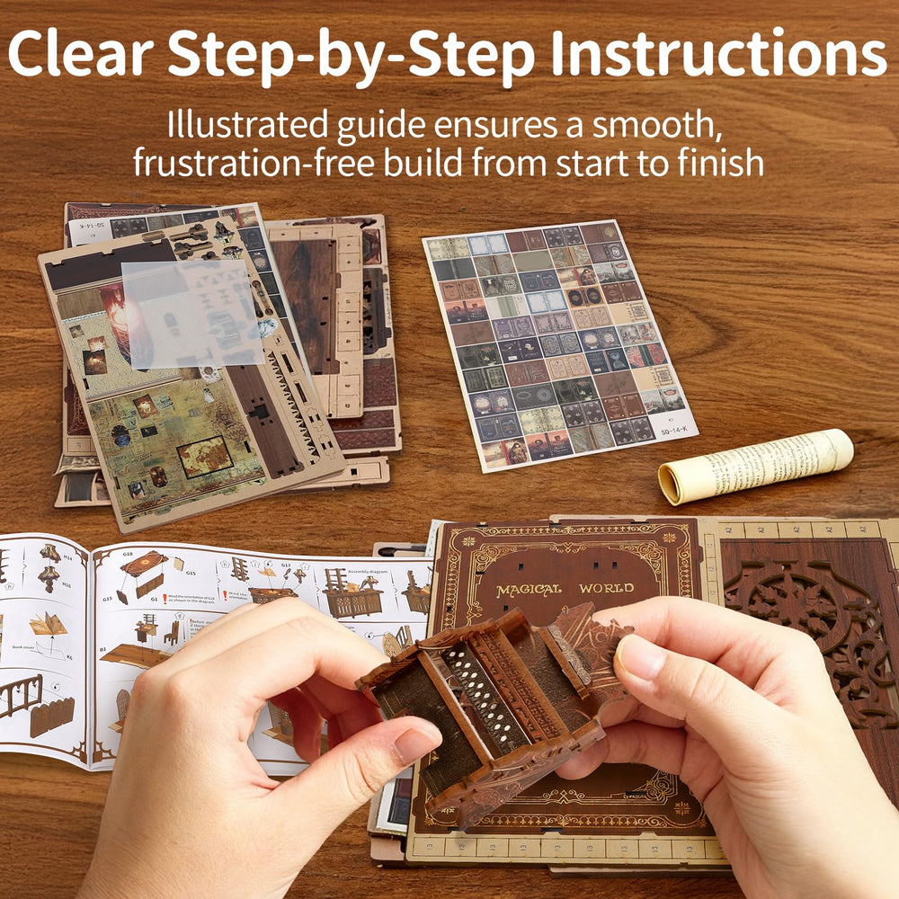 BELEEV Book Nook Kit dust cover included to protect the display.