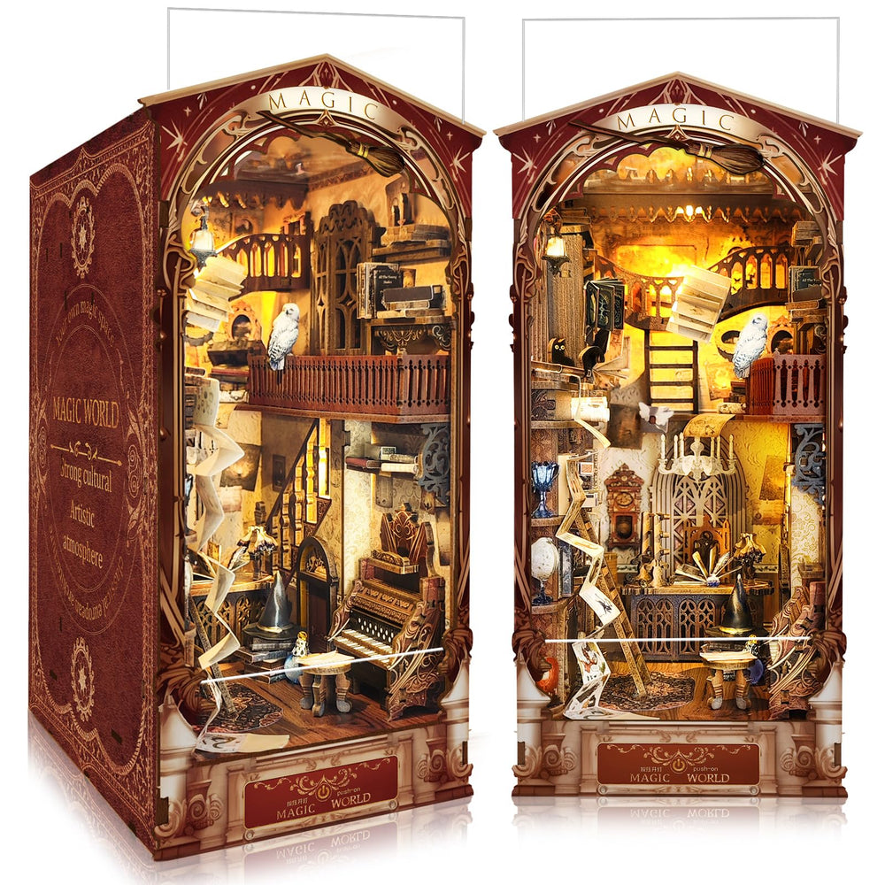 BELEEV Book Nook Kit cover featuring Magic World scene for enchanting bookshelf decor.