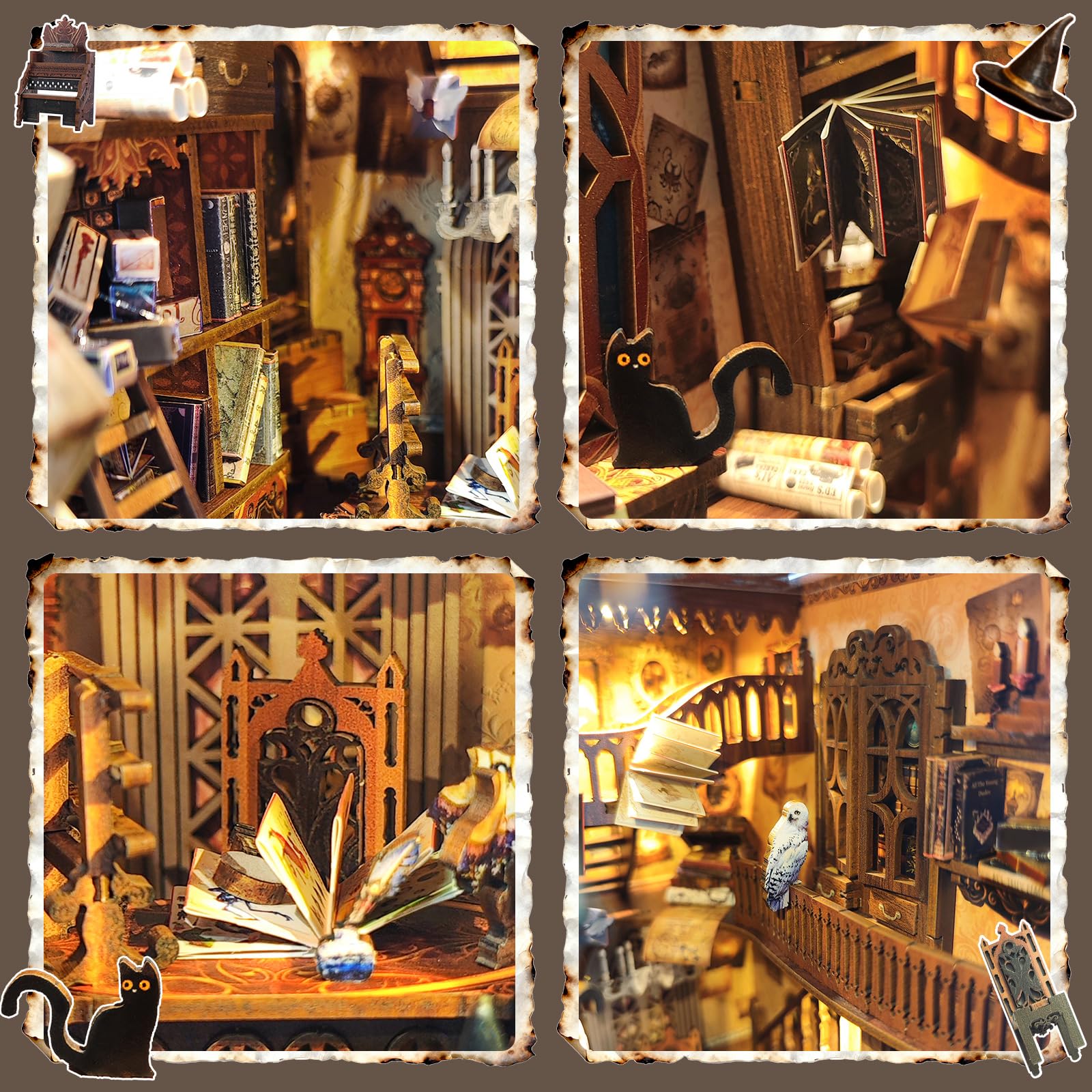 BELEEV Book Nook Kit shelves and wands display in a crafted miniature setting.