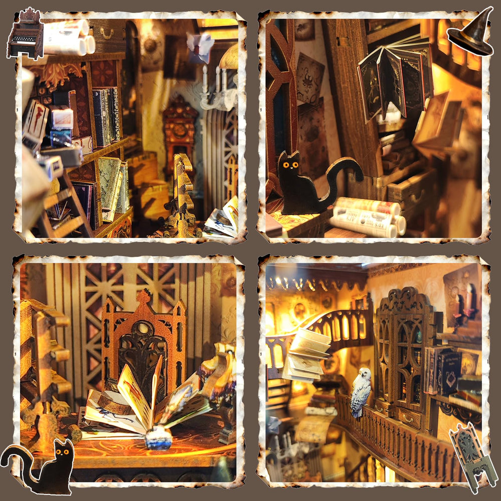 BELEEV Book Nook Kit shelves and wands display in a crafted miniature setting.