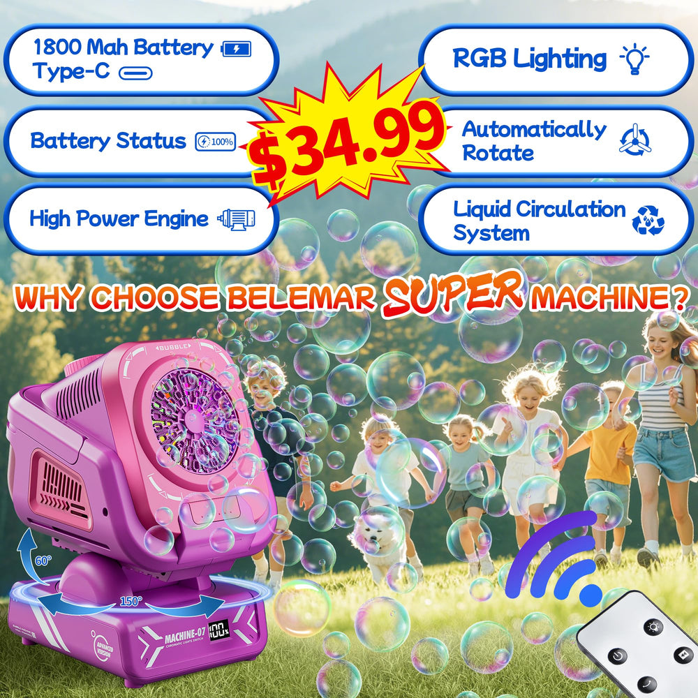 Belemar bubble machine with auto-rotation for wider coverage