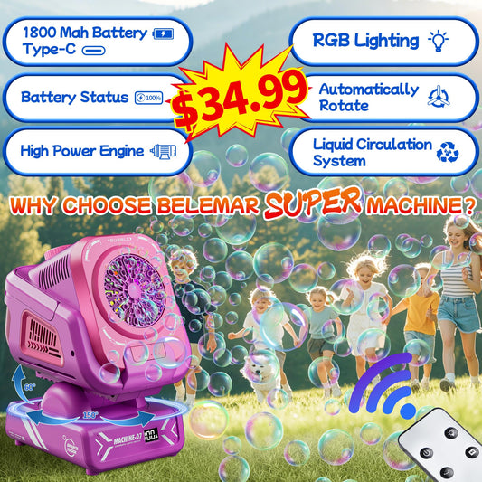 Belemar bubble machine with auto-rotation for wider coverage