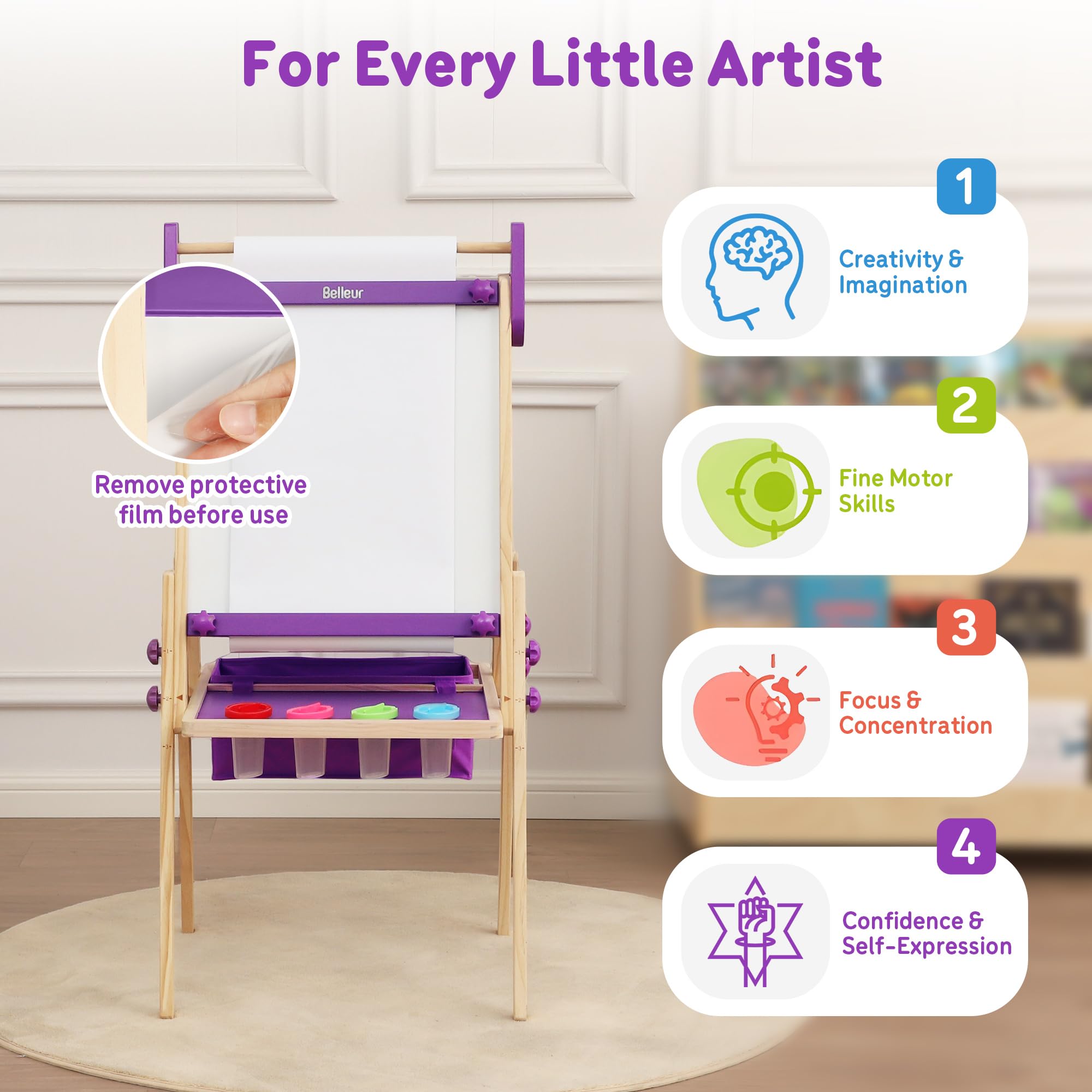 Belleur kid-safe wooden easel with non-toxic paints and smooth edges.