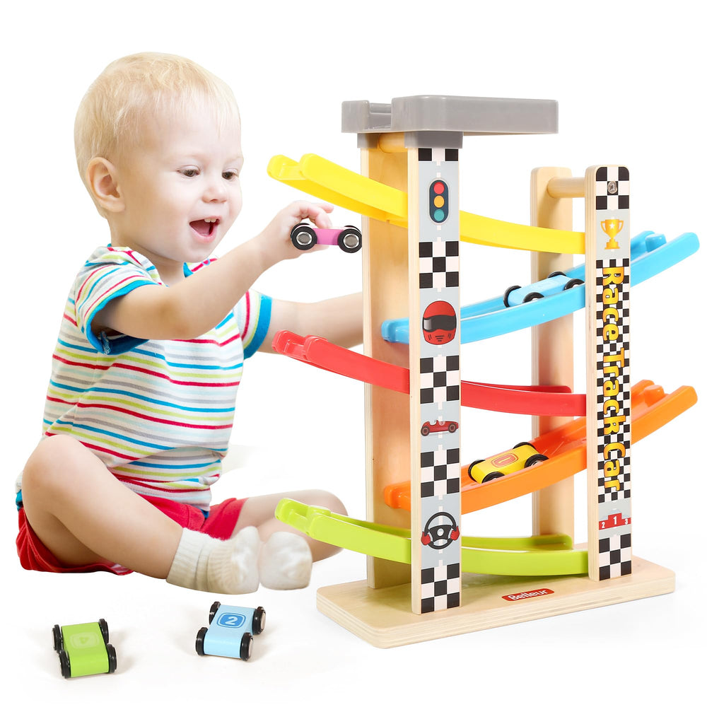 Belleur race-track wooden toy with bright cars ready for action.