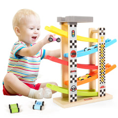 Belleur race-track wooden toy with bright cars ready for action.