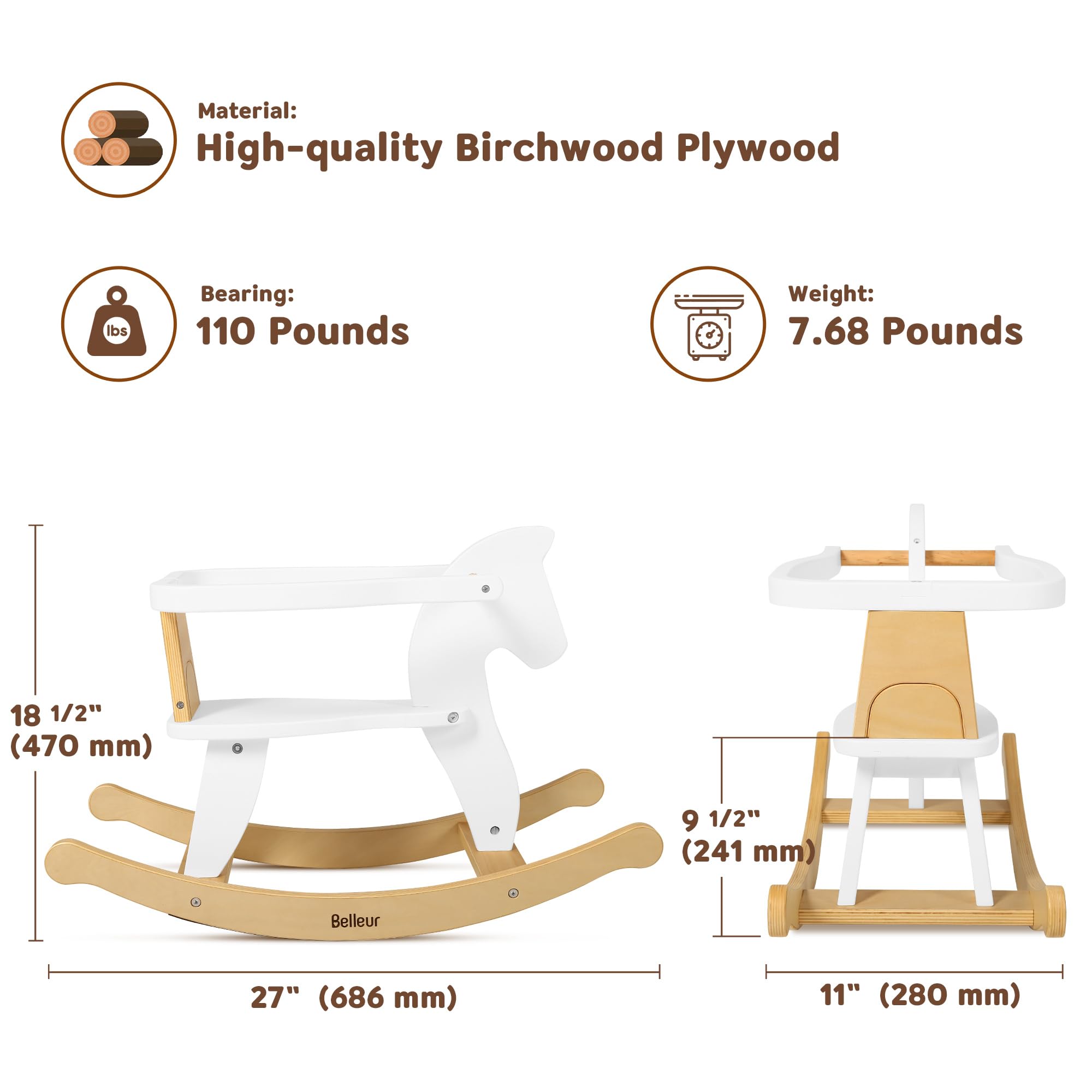 Belleur rocking horse birchwood material detail highlights durable finish