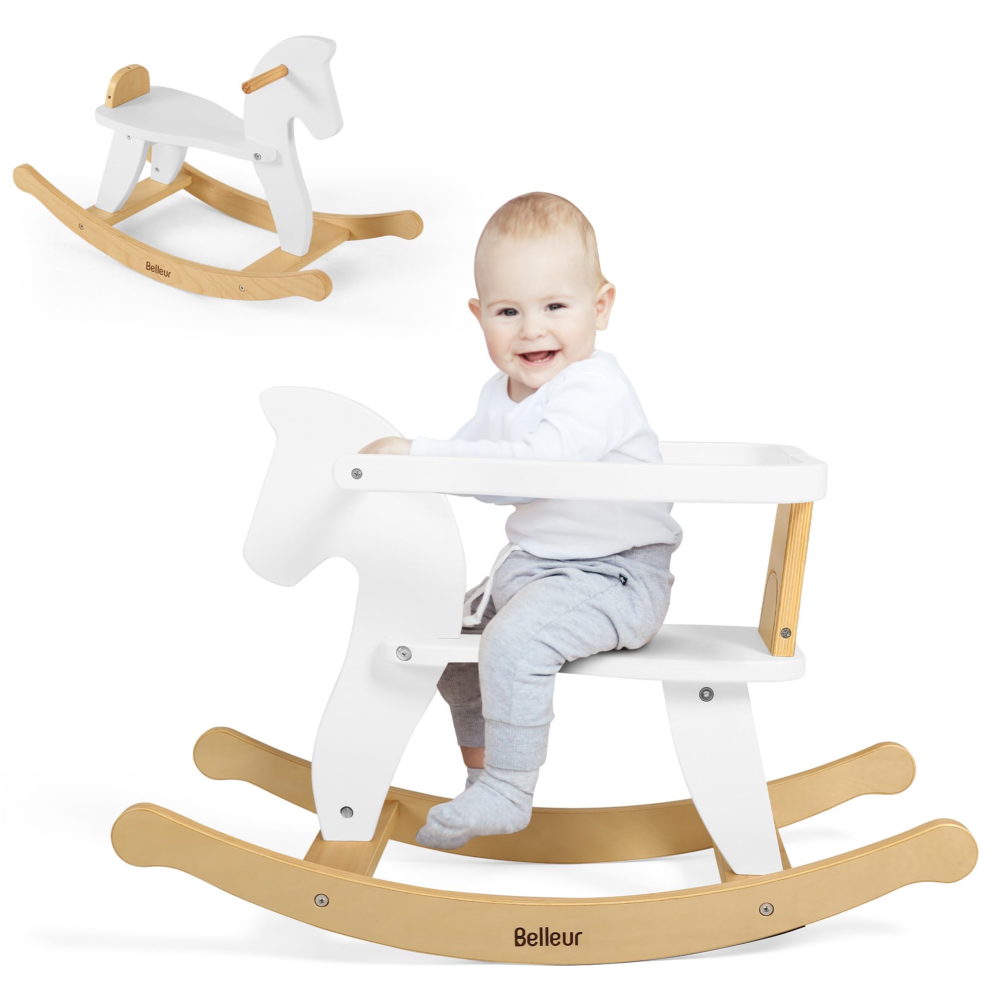 Belleur rocking horse front view showing safe, beginner-friendly design for home use