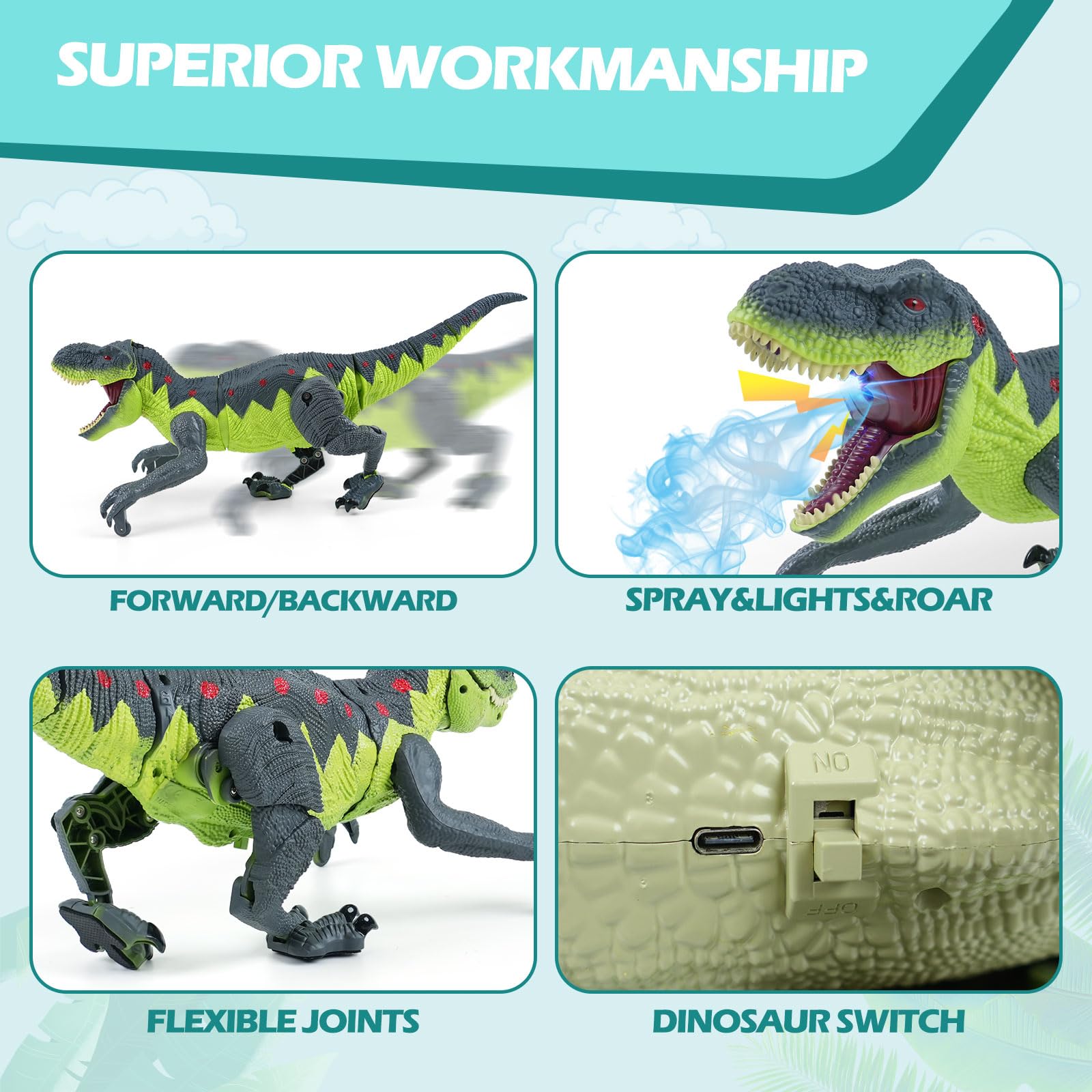 BEMITON dinosaur tail wag adds lifelike motion during play.