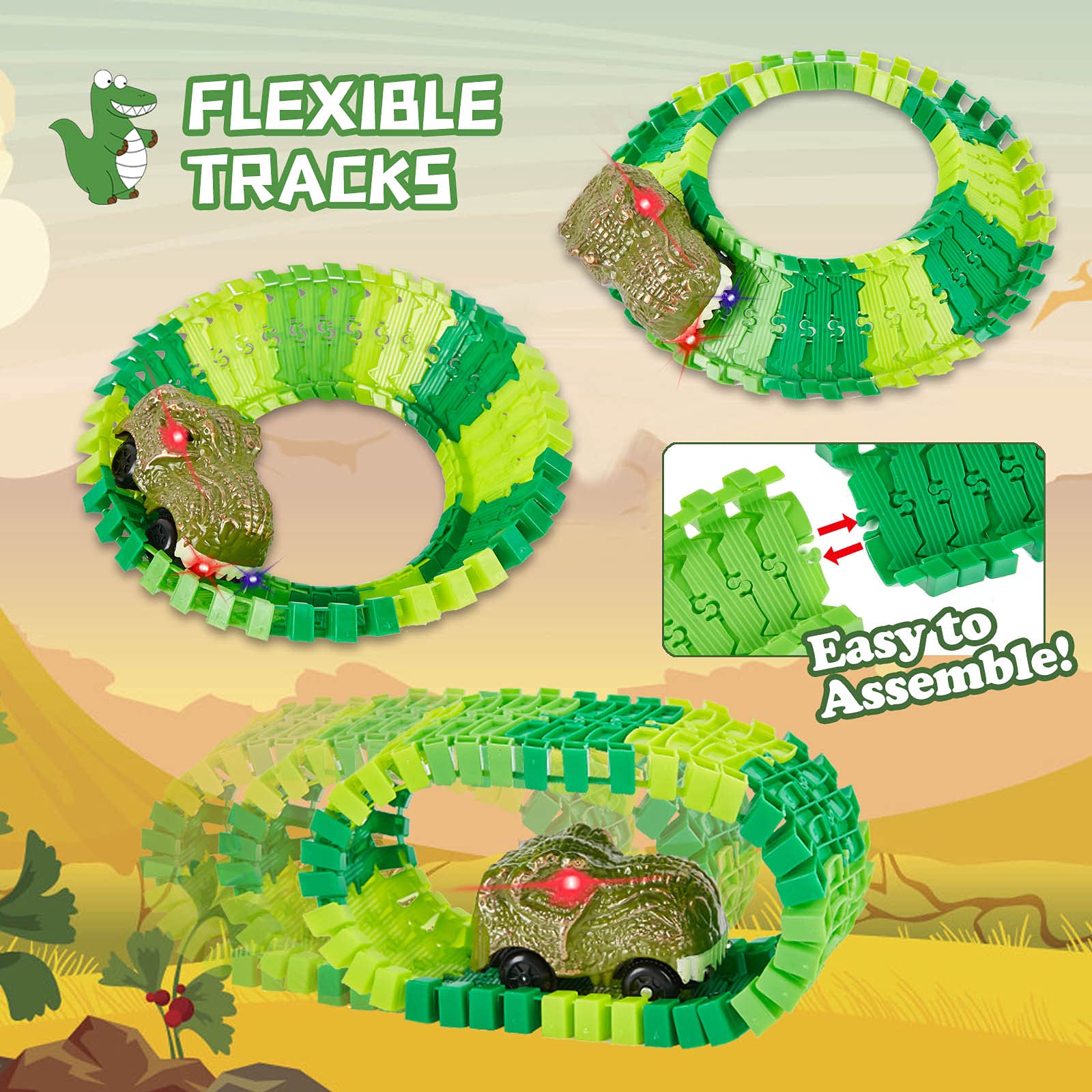BEMITON dinosaur head cars race along the track.