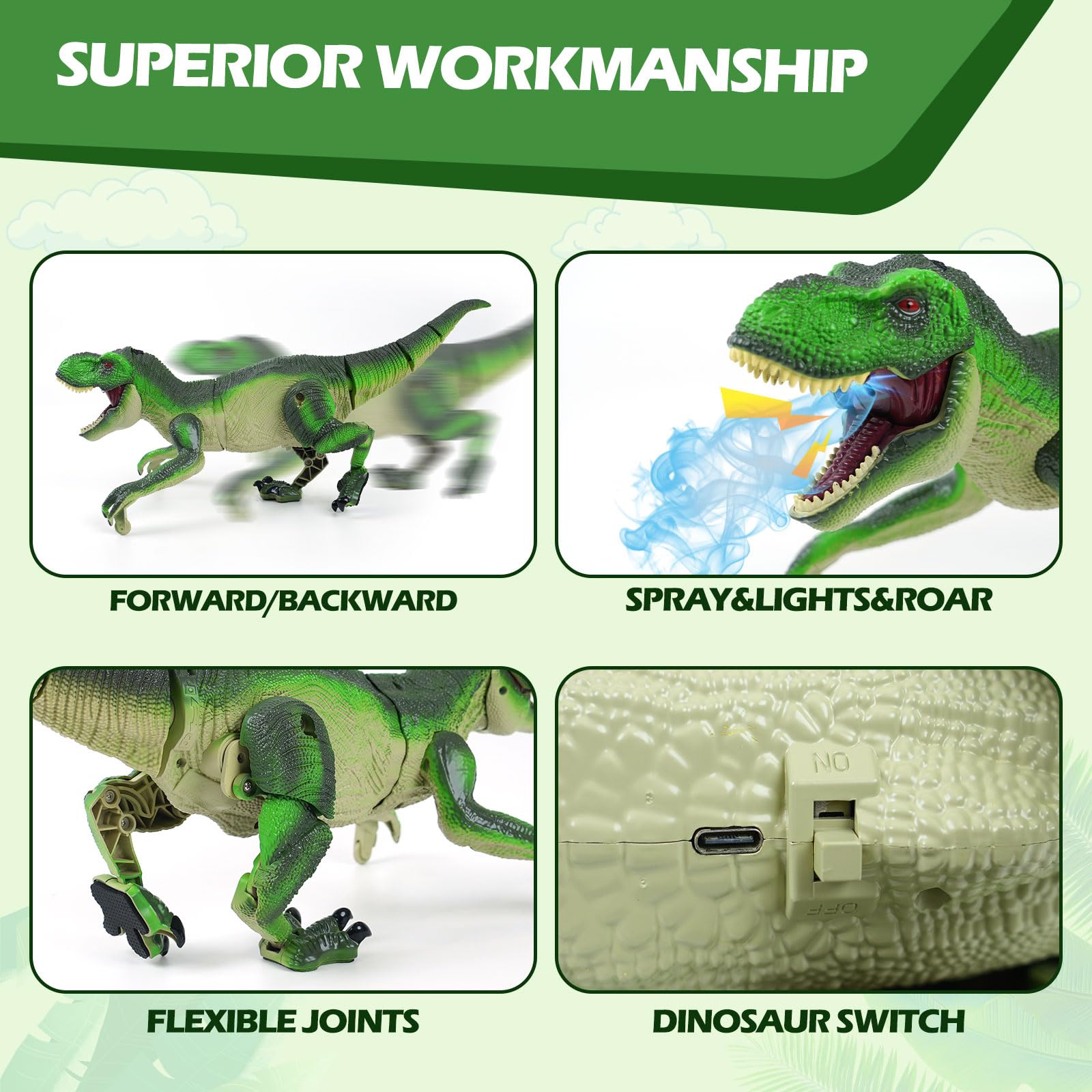 BEMITON olive green RC dinosaur sprays water and lights for dramatic pretend adventures.
