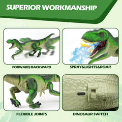 BEMITON olive green RC dinosaur sprays water and lights for dramatic pretend adventures.