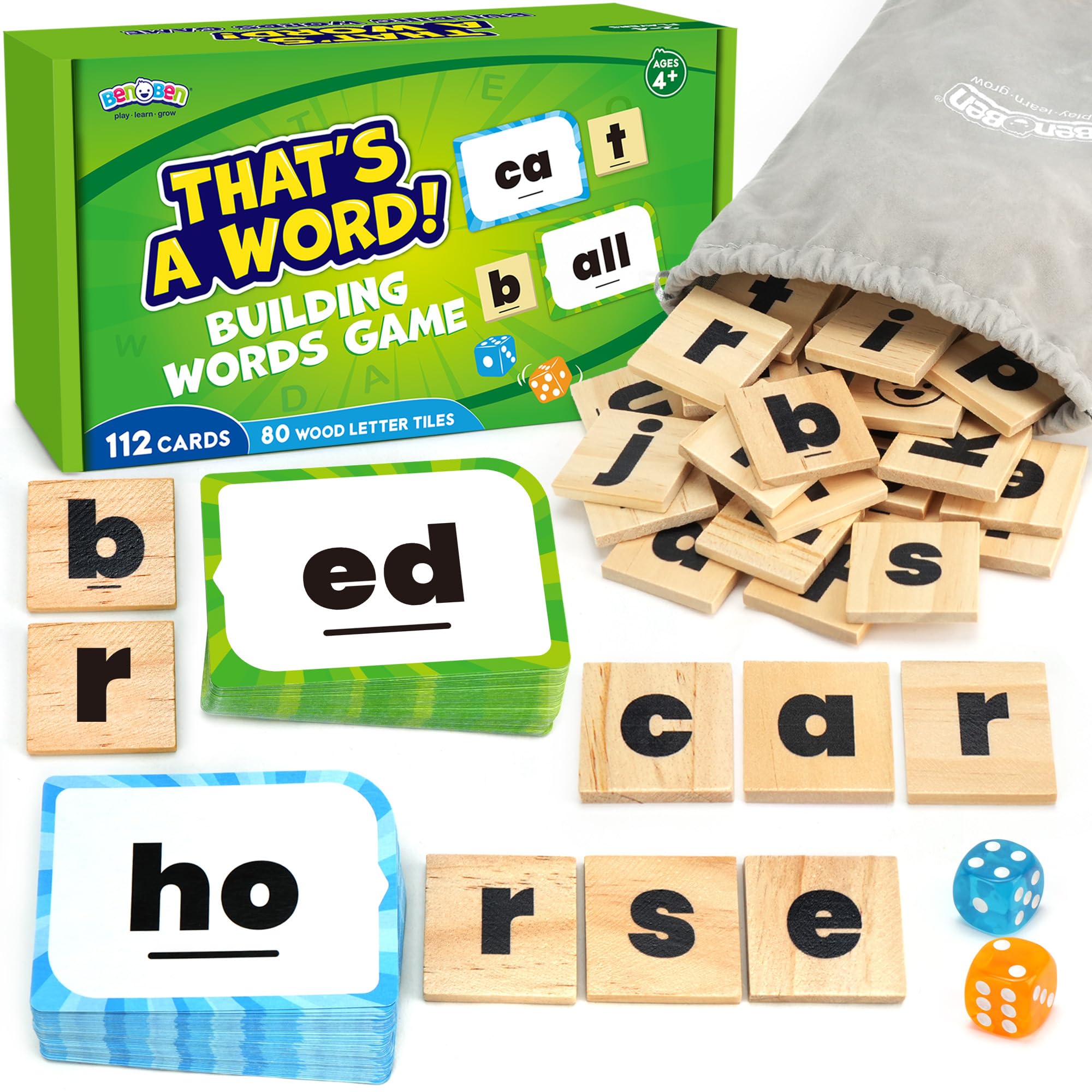 Flash Spell BenBen Family Spelling Games – 112 Flash Cards & Wooden Letter Tiles f ...