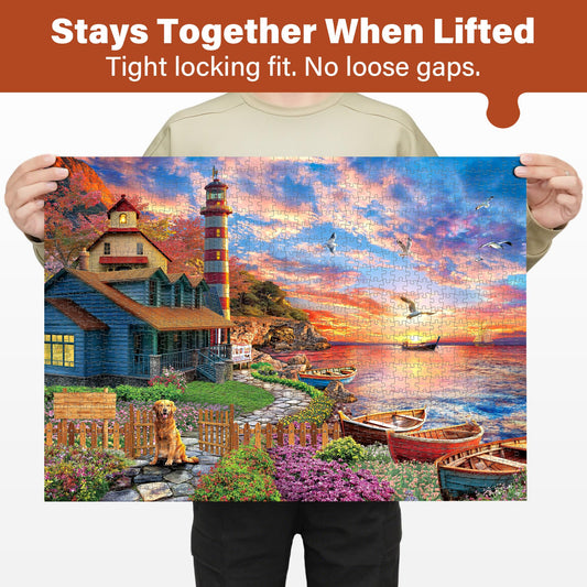 BenBen Seaside Cottage scene promotes cozy family puzzle time by the coast.