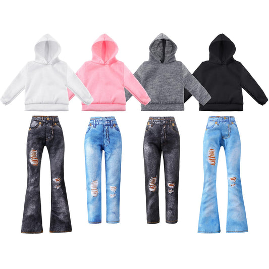 Bencailor 8-piece winter doll clothes set with cotton tops and denim pants for 11.5-inch dolls.
