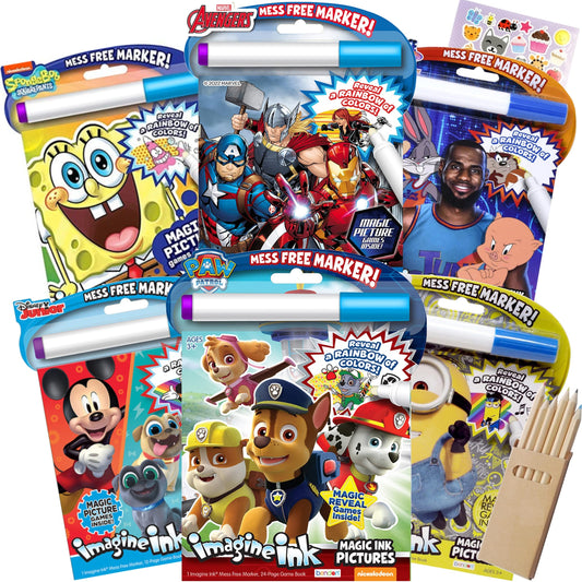 Bendon Imagine Ink six-book set cover showing no-mess coloring for boys